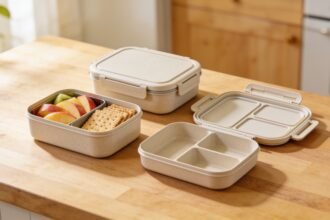 Several bento-style lunchboxes with different compartment layouts arranged on a kitchen bench.