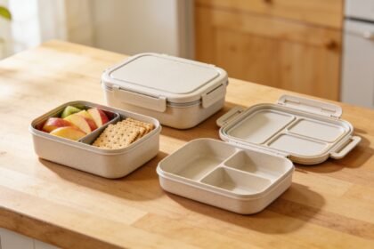 Several bento-style lunchboxes with different compartment layouts arranged on a kitchen bench.