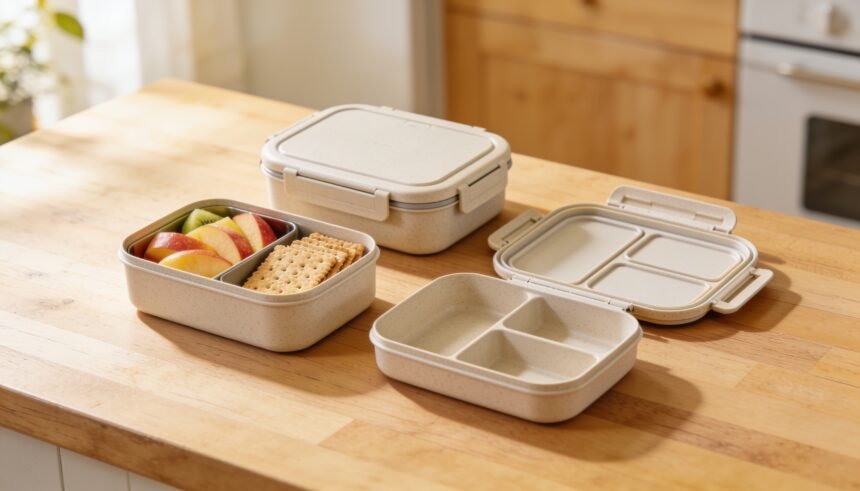Several bento-style lunchboxes with different compartment layouts arranged on a kitchen bench.