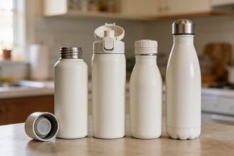Four kids drink bottles of different sizes and lid types lined up on a kitchen bench.