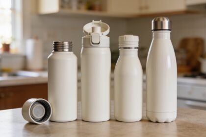 Four kids drink bottles of different sizes and lid types lined up on a kitchen bench.