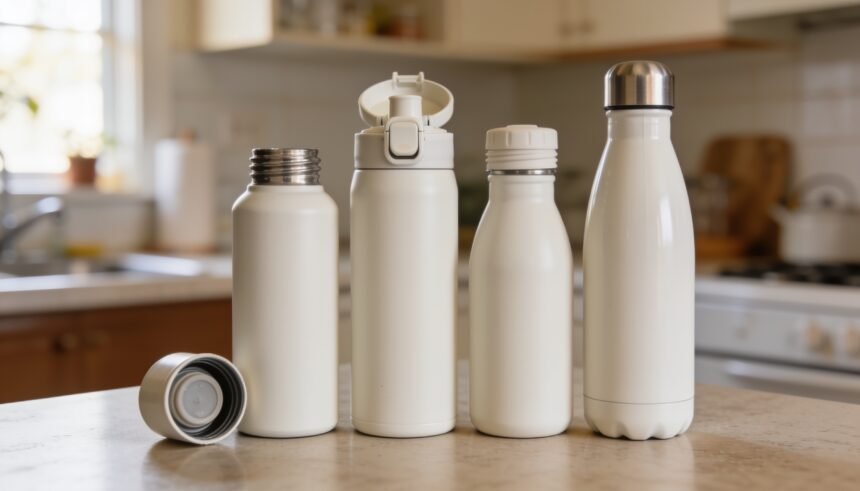 Four kids drink bottles of different sizes and lid types lined up on a kitchen bench.
