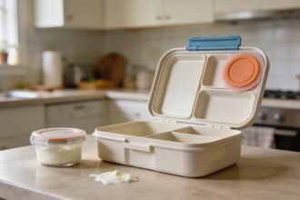 An open bento lunchbox with silicone seals in the lid beside a small sealed pot on a kitchen bench.