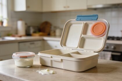 An open bento lunchbox with silicone seals in the lid beside a small sealed pot on a kitchen bench.