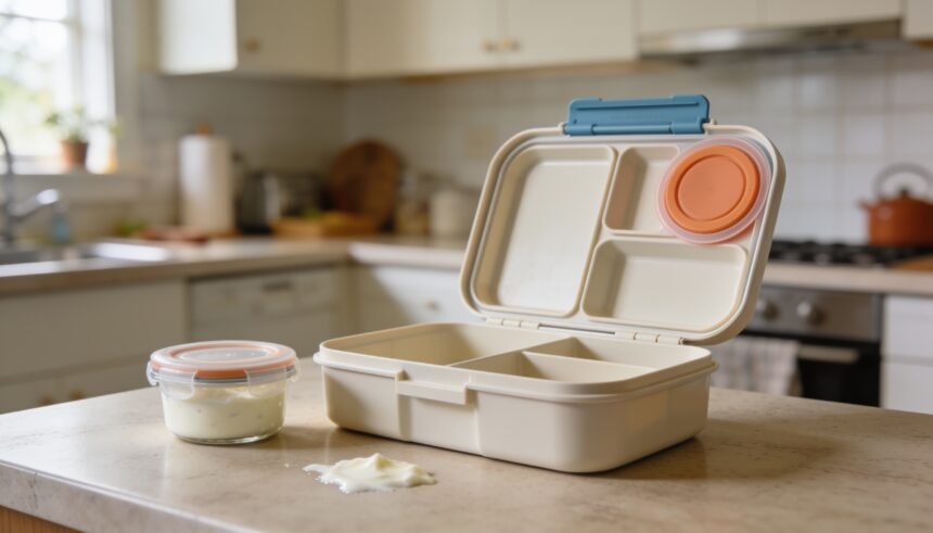 An open bento lunchbox with silicone seals in the lid beside a small sealed pot on a kitchen bench.