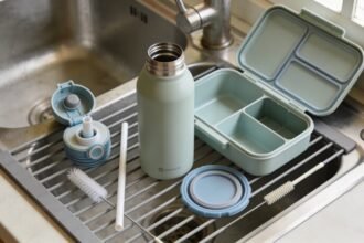 Dismantled drink bottle and lunchbox with separate straws, lids and silicone seals drying beside cleaning brushes.