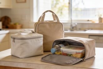 Three insulated lunch bags in different sizes, one open showing a lunchbox and drink bottle inside.
