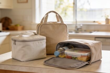 Three insulated lunch bags in different sizes, one open showing a lunchbox and drink bottle inside.