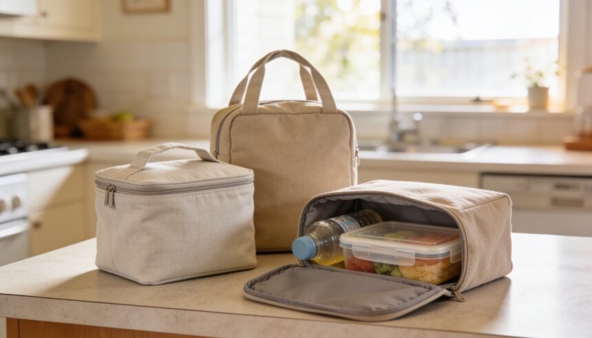 Three insulated lunch bags in different sizes, one open showing a lunchbox and drink bottle inside.