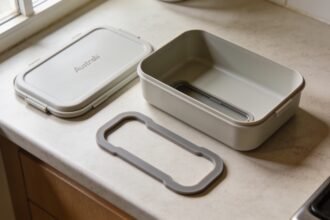 A lunchbox base, matching lid and removable silicone seal arranged on a kitchen bench.
