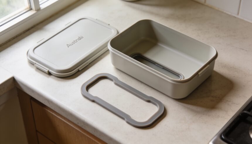 A lunchbox base, matching lid and removable silicone seal arranged on a kitchen bench.