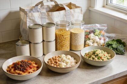 Pasta, rice and couscous dinners beside tinned pulses and frozen vegetables from one shopping list.