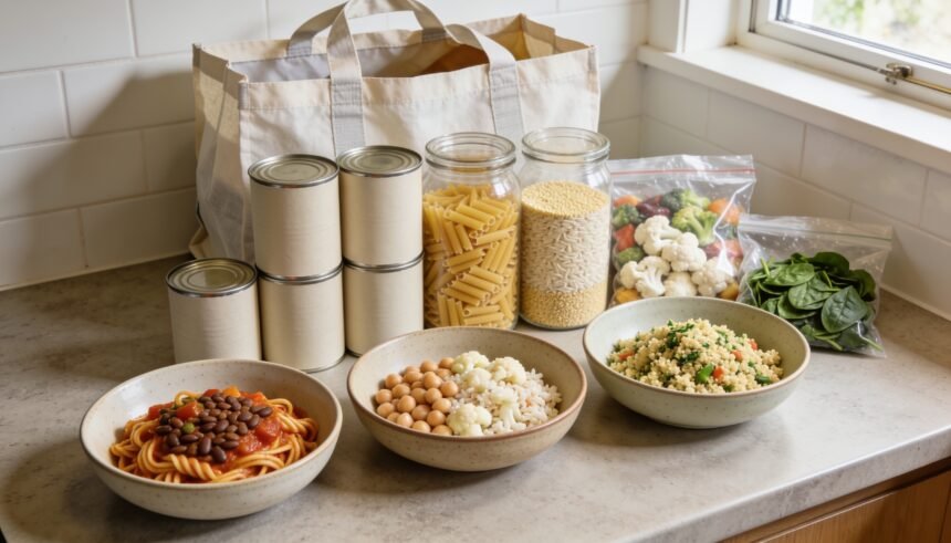 Pasta, rice and couscous dinners beside tinned pulses and frozen vegetables from one shopping list.