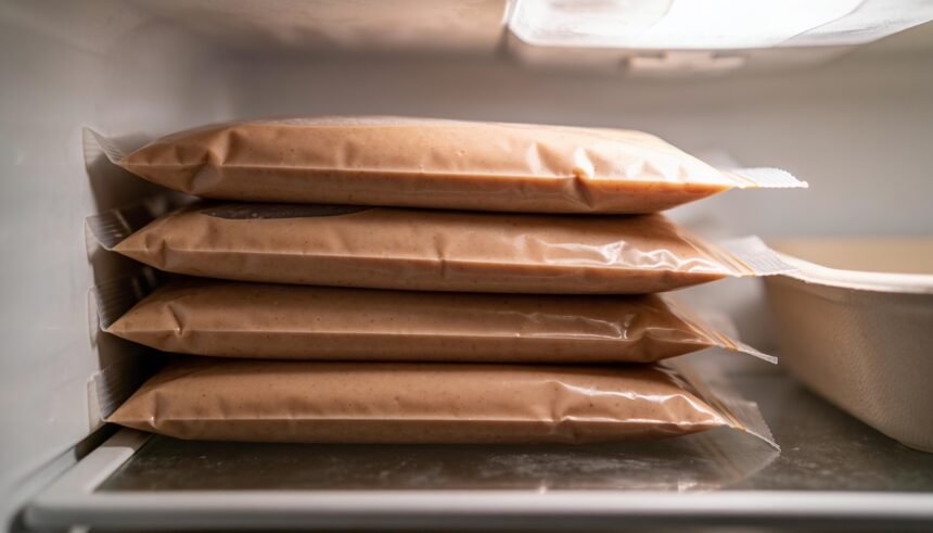 Flat sealed freezer bags of sauce stacked on their sides in a freezer drawer beside a shallow container.