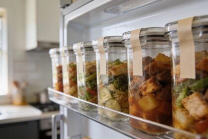 Clear labelled containers of leftovers lined up at eye level on a family fridge shelf.