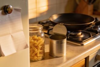 A frying pan on the stove with an unlabelled tin and a jar of dry pasta on the bench beside it.