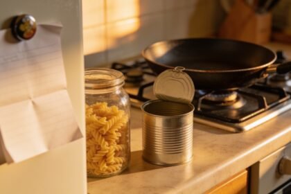A frying pan on the stove with an unlabelled tin and a jar of dry pasta on the bench beside it.
