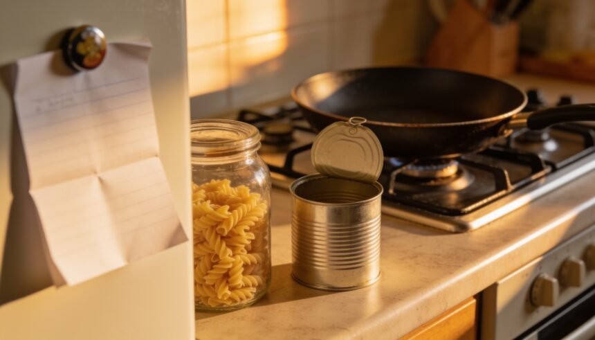 A frying pan on the stove with an unlabelled tin and a jar of dry pasta on the bench beside it.