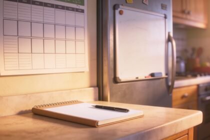 A blank wall planner above a kitchen bench with an open blank notepad and pen, and a wiped whiteboard on the fridge.