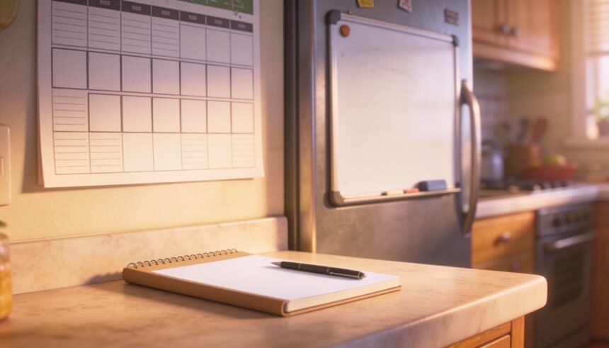 A blank wall planner above a kitchen bench with an open blank notepad and pen, and a wiped whiteboard on the fridge.