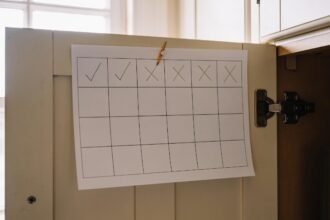A ruled four by seven grid pinned inside a kitchen cupboard door with some squares ticked.
