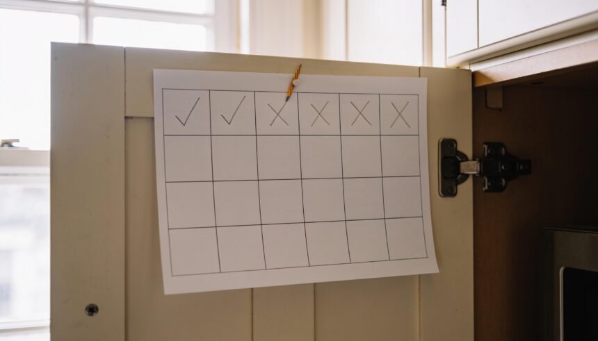 A ruled four by seven grid pinned inside a kitchen cupboard door with some squares ticked.