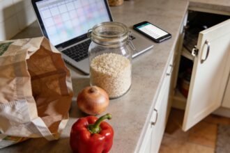 Rice, an onion and a capsicum beside a laptop, phone and reusable shopping bag on a kitchen bench.