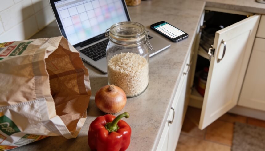 Rice, an onion and a capsicum beside a laptop, phone and reusable shopping bag on a kitchen bench.