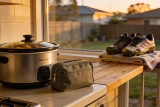 A slow cooker and a packed insulated bag on a kitchen bench beside a pair of junior football boots in late afternoon light.
