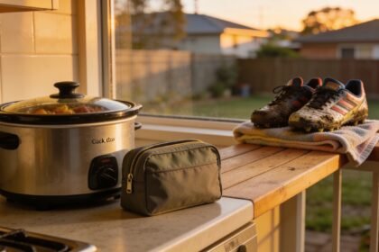 A slow cooker and a packed insulated bag on a kitchen bench beside a pair of junior football boots in late afternoon light.