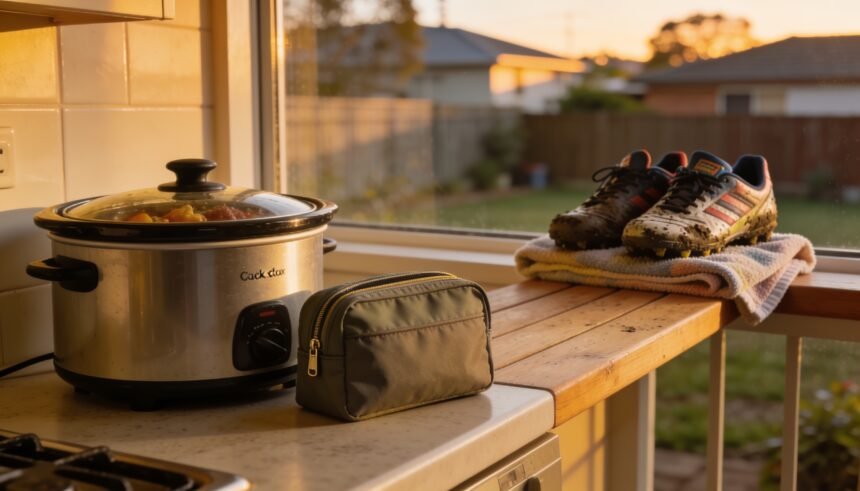 A slow cooker and a packed insulated bag on a kitchen bench beside a pair of junior football boots in late afternoon light.