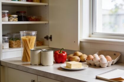 Pantry ingredients grouped on a kitchen bench beside a notebook and an open cupboard.