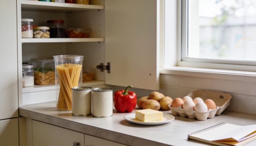 Pantry ingredients grouped on a kitchen bench beside a notebook and an open cupboard.