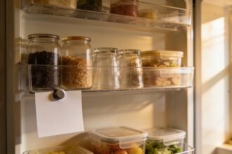 An open fridge with one eye-level shelf holding grouped items in plain containers and a blank note on the door.