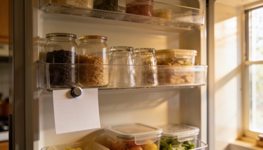 An open fridge with one eye-level shelf holding grouped items in plain containers and a blank note on the door.