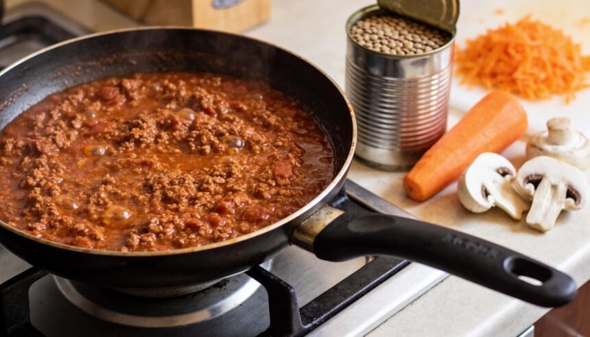 A pan of bolognese on a stovetop beside a tin of lentils, grated carrot and mushrooms on the bench.