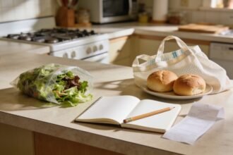 Salad and bread rolls beside a blank notebook and shopping bag on a kitchen bench.