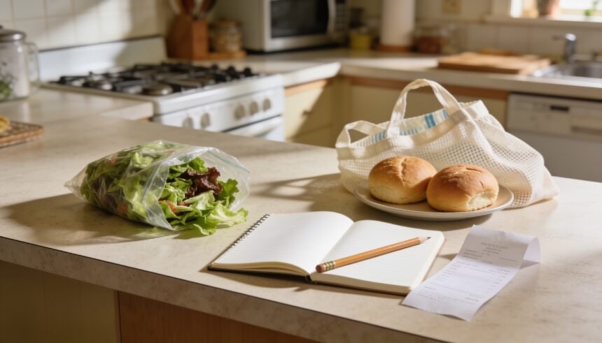Salad and bread rolls beside a blank notebook and shopping bag on a kitchen bench.