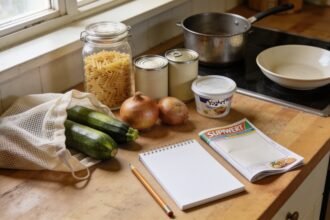 Zucchini, onions, pasta and plain grocery containers beside a notebook and folded leaflet on a kitchen bench.