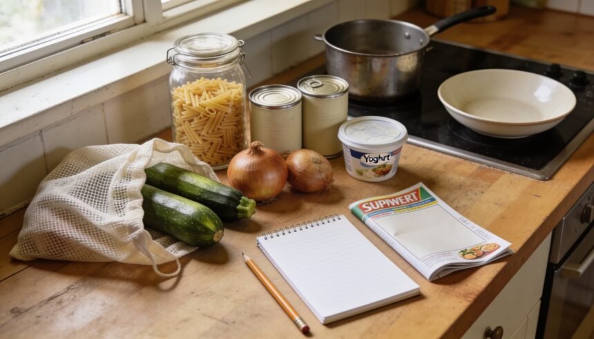 Zucchini, onions, pasta and plain grocery containers beside a notebook and folded leaflet on a kitchen bench.