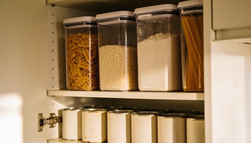 An open pantry with sealed clear containers of pasta, rice and flour above a row of plain tins.