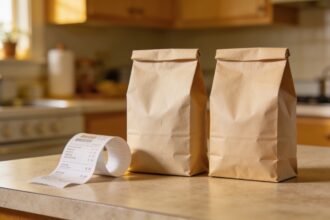 Two plain unlabelled grocery packets side by side on an Australian kitchen bench with a receipt curled beside them.