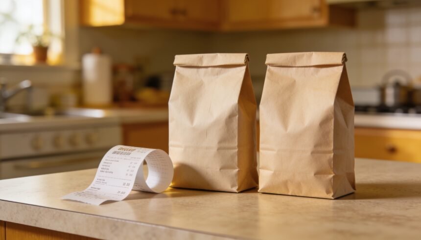 Two plain unlabelled grocery packets side by side on an Australian kitchen bench with a receipt curled beside them.