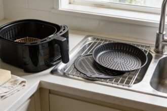 Air fryer basket and separate crisper plate beside a kitchen sink with a soft sponge and tea towel.