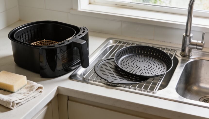 Air fryer basket and separate crisper plate beside a kitchen sink with a soft sponge and tea towel.