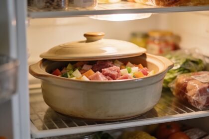 A filled and covered slow cooker insert sitting on a fridge shelf beside ordinary groceries.