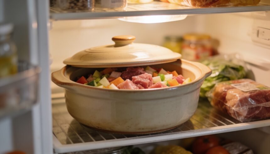 A filled and covered slow cooker insert sitting on a fridge shelf beside ordinary groceries.