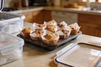 Individually wrapped muffins on a tray beside an open freezer container and an open lunchbox.