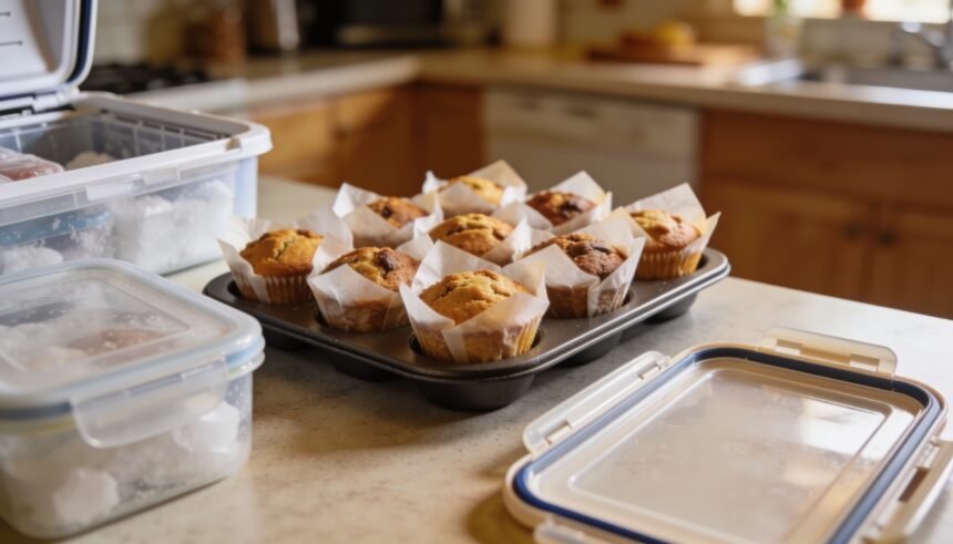 Individually wrapped muffins on a tray beside an open freezer container and an open lunchbox.
