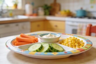 A child's plate with raw carrot sticks, cucumber rounds, corn and a small bowl of dip in separate groups.